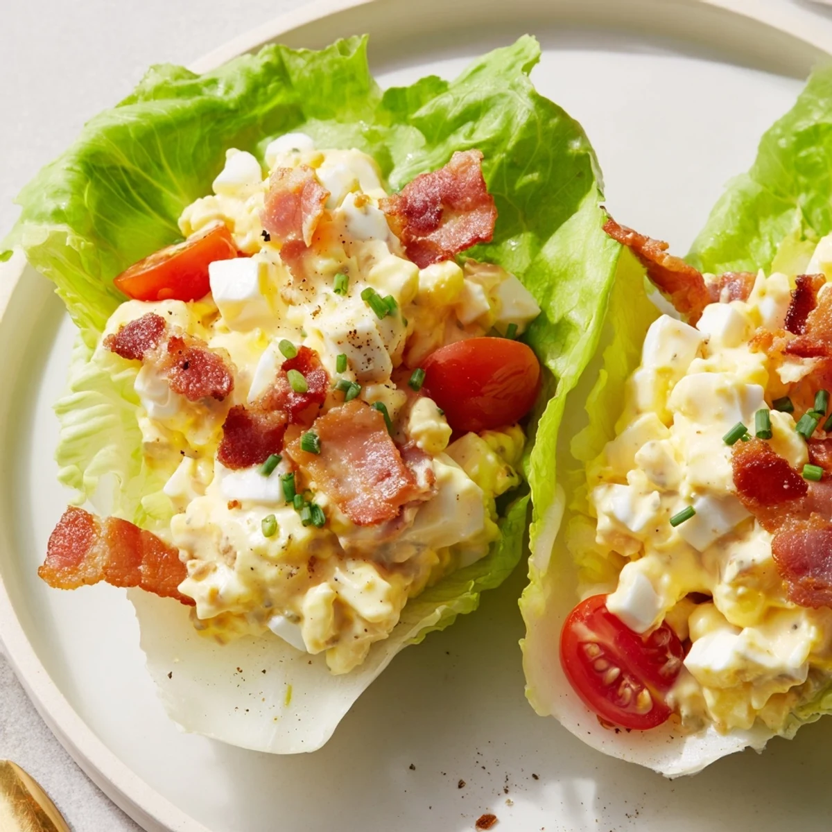 Creamy BLT Egg Salad Lettuce Wraps topped with crumbled bacon and tomatoes