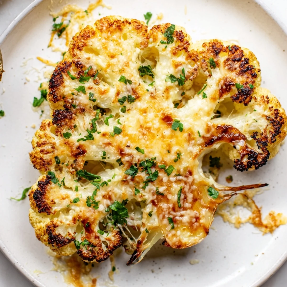 Sliced Cheesy Cauliflower Steaks on parchment, crisp browned sides, melting cheese.