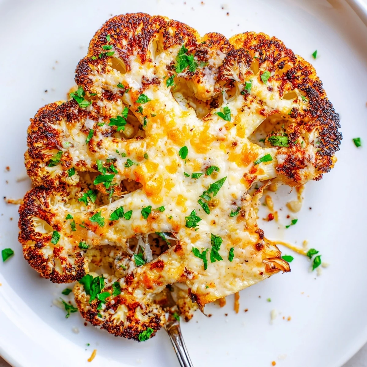 Cheesy Cauliflower Steaks with golden, bubbly cheese, roasted edges, parsley garnish.