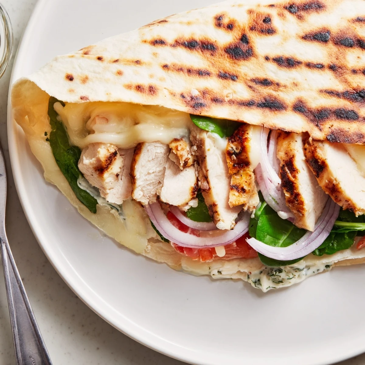 Grilled Cheesy Garlic Chicken Wraps on cutting board with fresh spinach