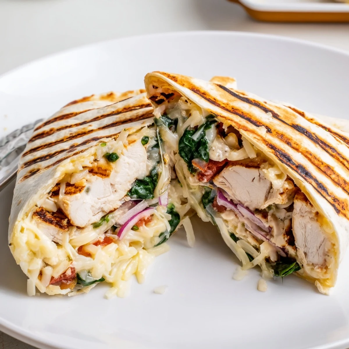 Warm Cheesy Garlic Chicken Wraps sliced in half, melty cheese oozing