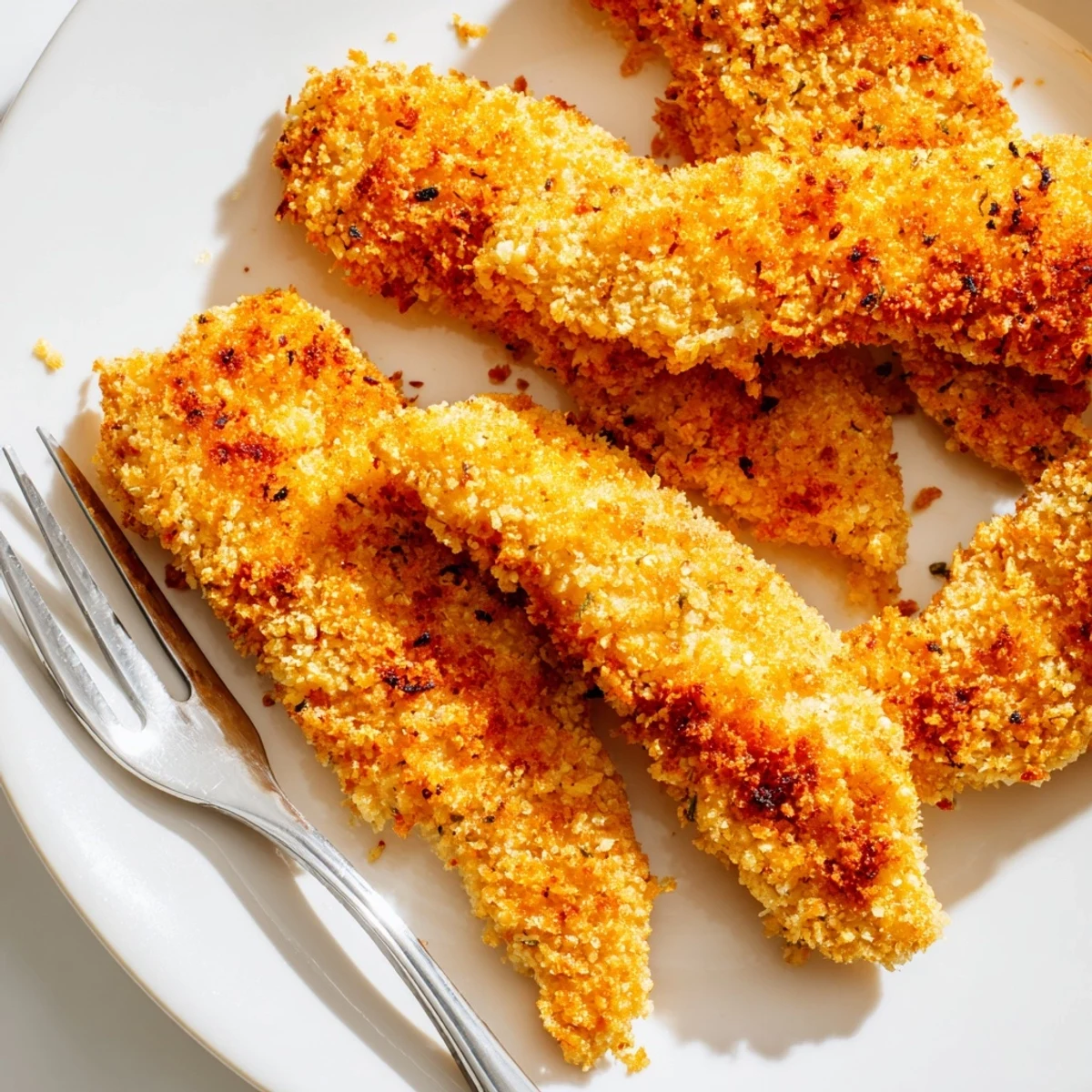 Juicy breaded chicken strips fresh from the air fryer basket showing golden brown coating
