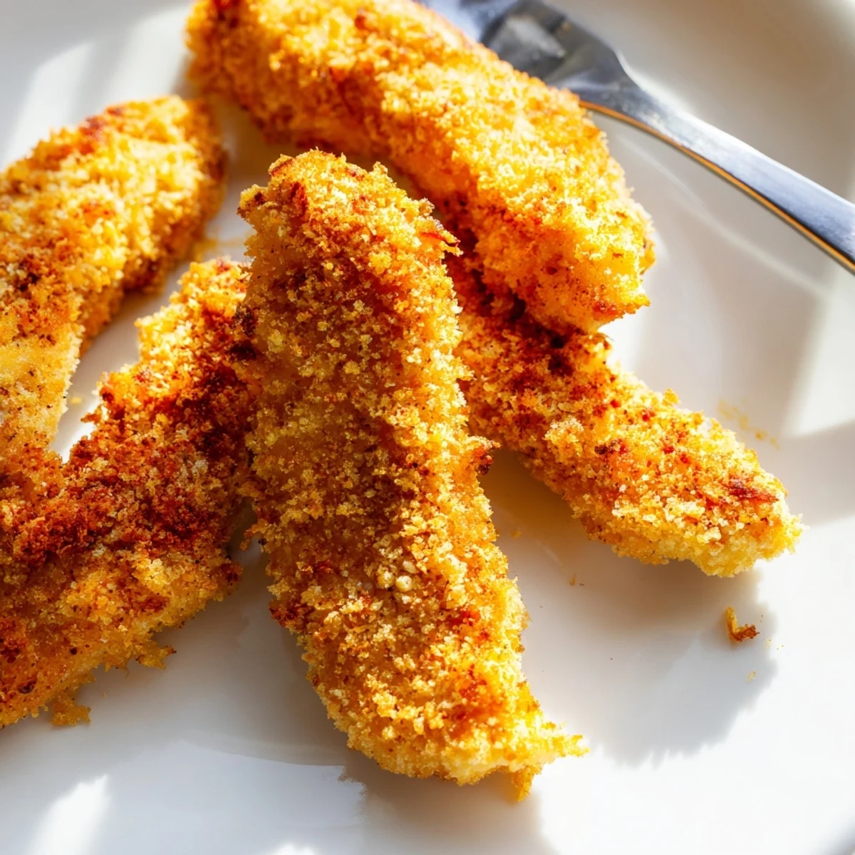 Golden crispy air fryer chicken tenders arranged on a white plate with dipping sauce
