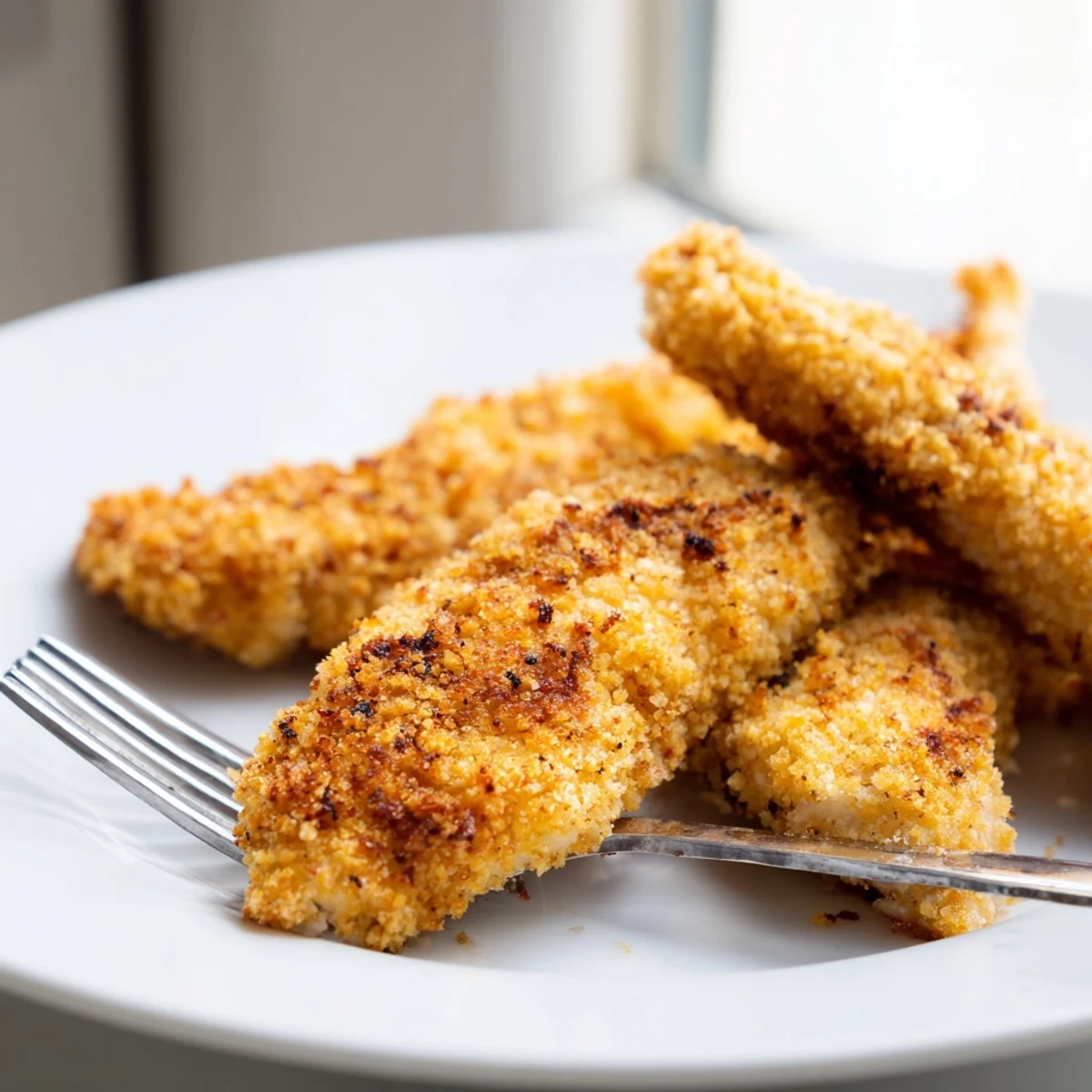 Family style serving of homemade air fryer chicken tenders sprinkled with fresh parsley