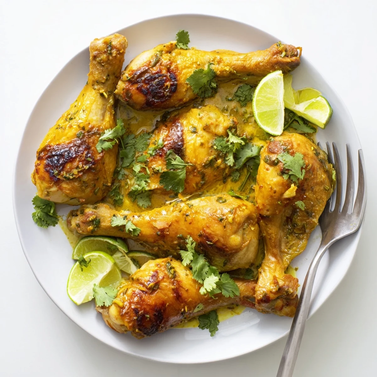 Tender coconut-marinated Ina Garten Indonesian Chicken garnished with fresh cilantro and lime wedges