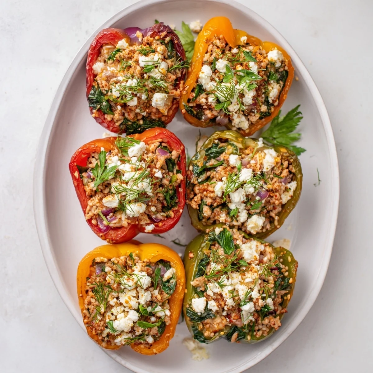 Baked Mediterranean stuffed peppers with ground chicken, spinach, and aromatic herbs on a white plate