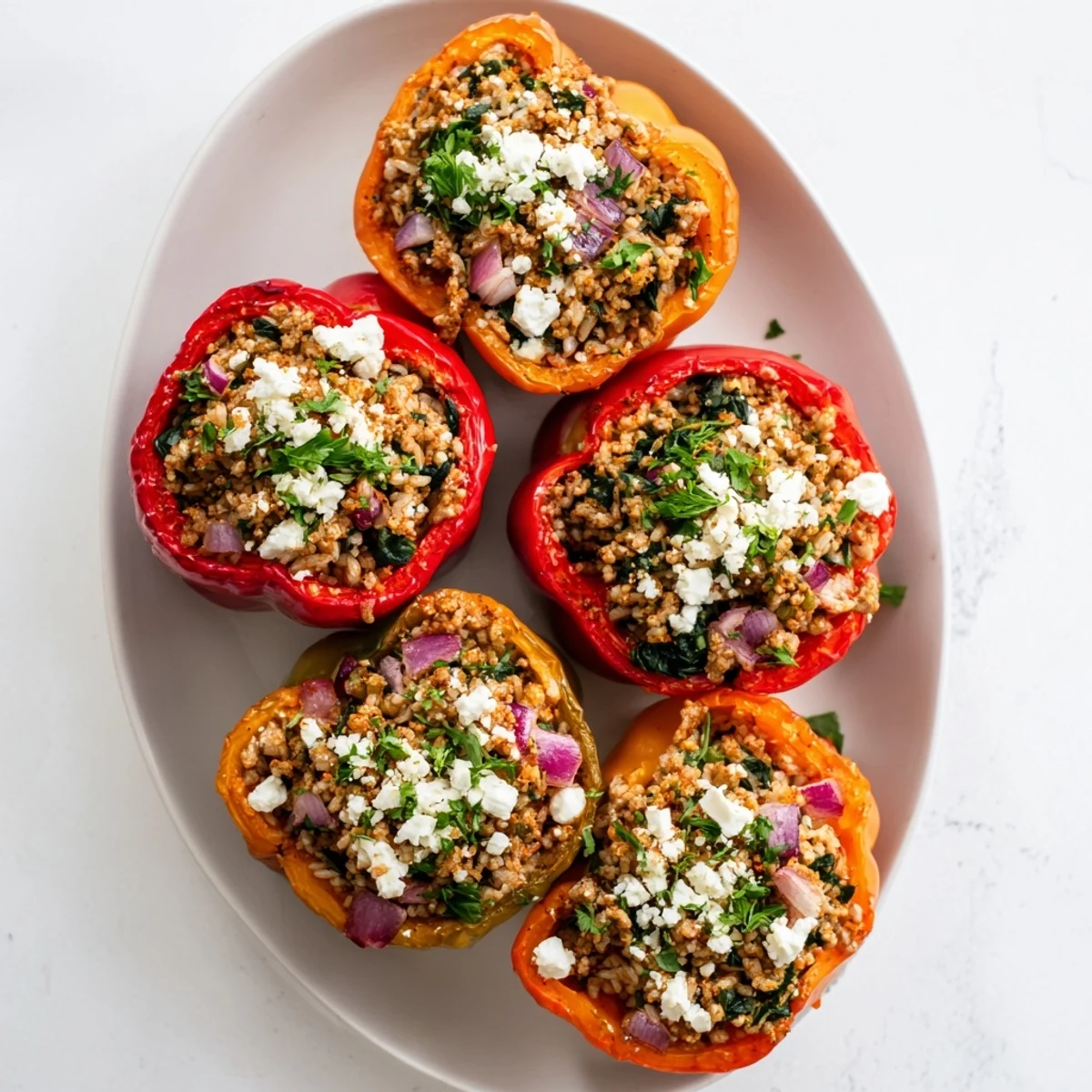Golden bell peppers stuffed with savory ground chicken Greek filling and crumbled feta cheese
