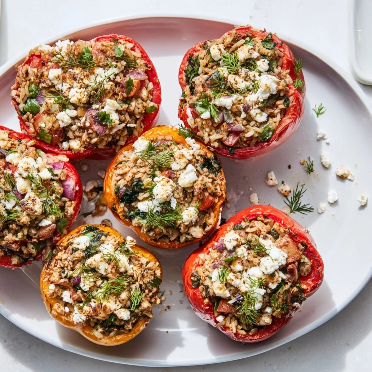 Tender roasted bell peppers overflowing with seasoned ground chicken mixture topped with melted feta