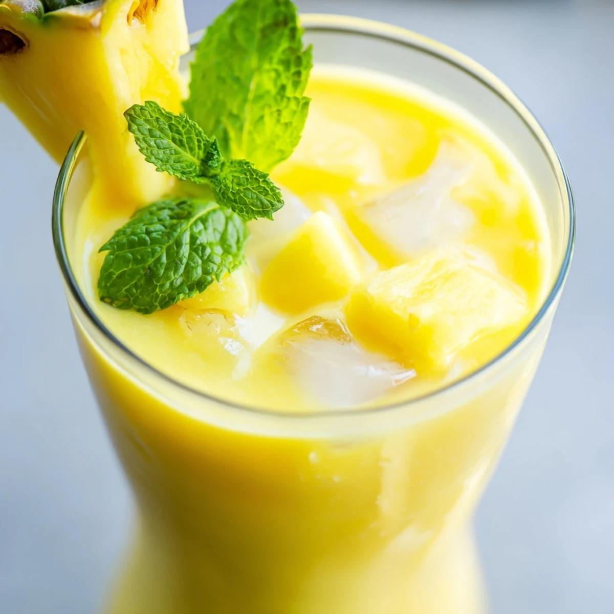 Golden tropical pineapple mango smoothie recipe served in clear glasses with mint garnish
