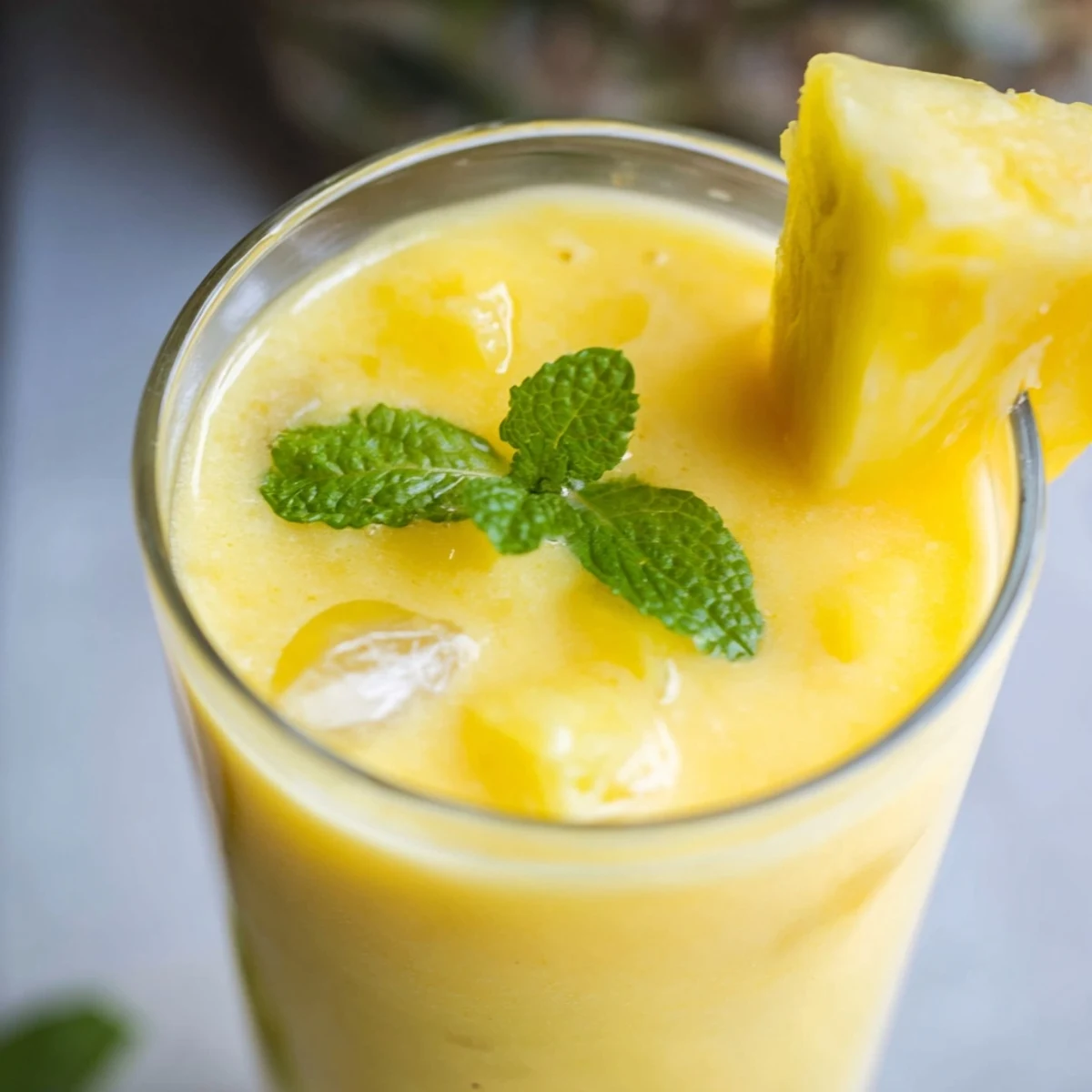 Creamy pineapple mango smoothie recipe blended with coconut milk and fresh fruit chunks