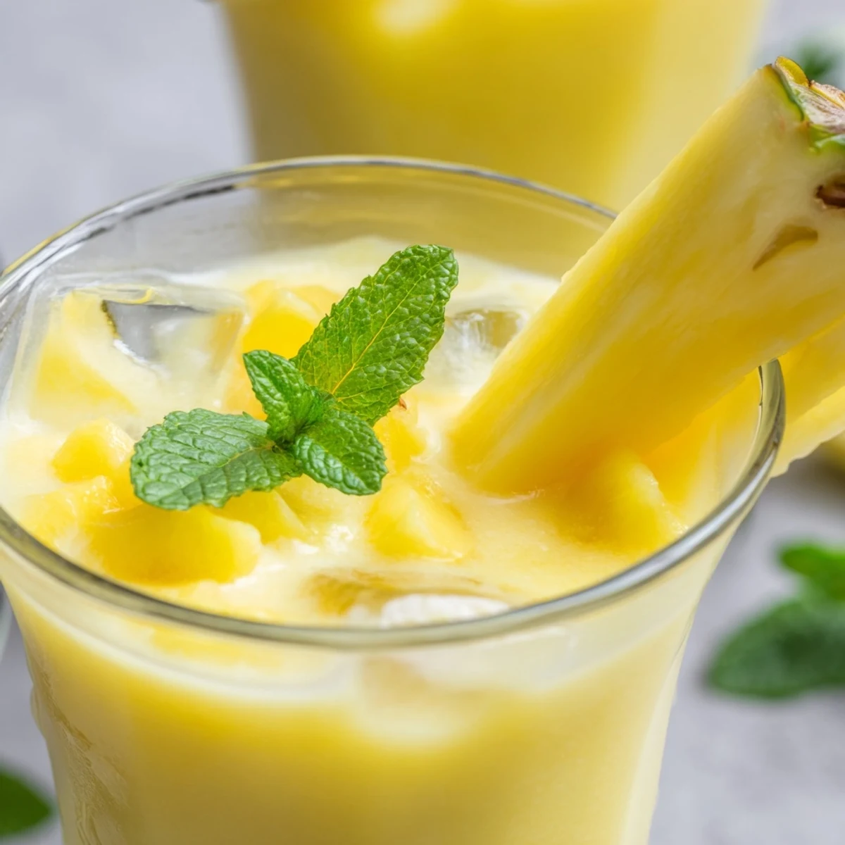 Vibrant yellow pineapple mango smoothie recipe poured into glasses topped with tropical fruit slices