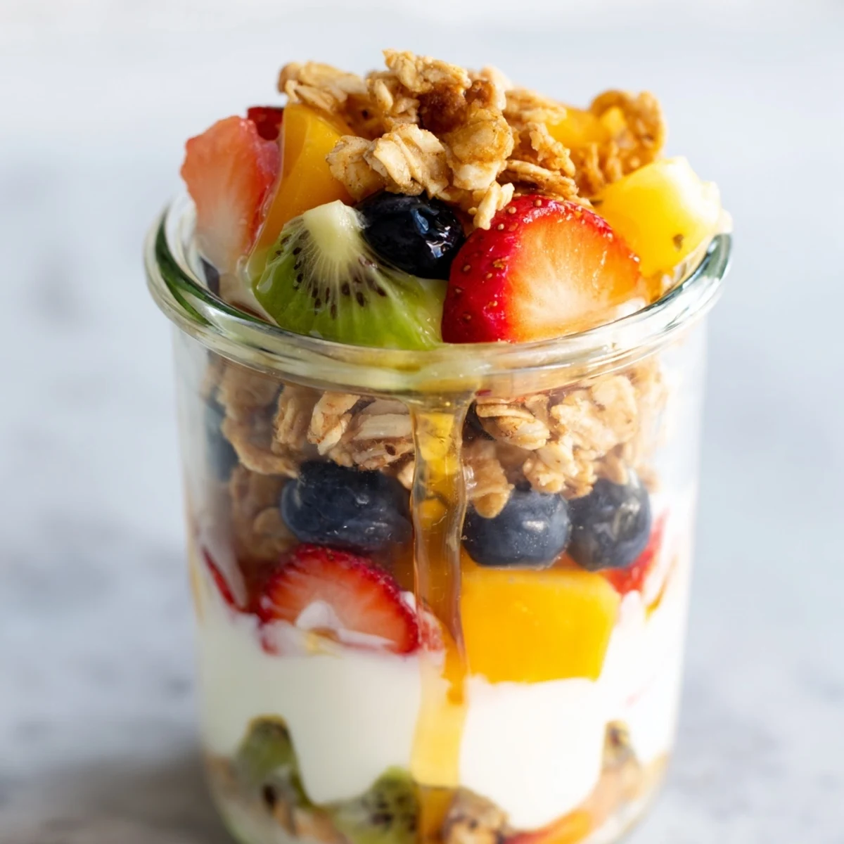 Layered yogurt parfait recipe with honey drizzled over fresh strawberries blueberries mango and kiwi slices