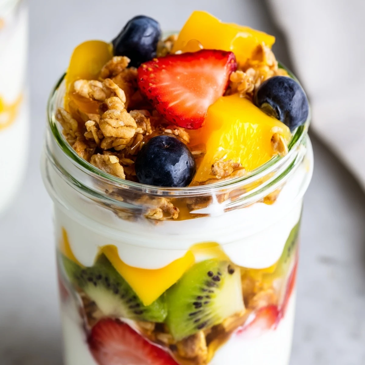 Close-up of yogurt parfait recipe showing creamy layers sweet honey and vibrant seasonal fruit medley