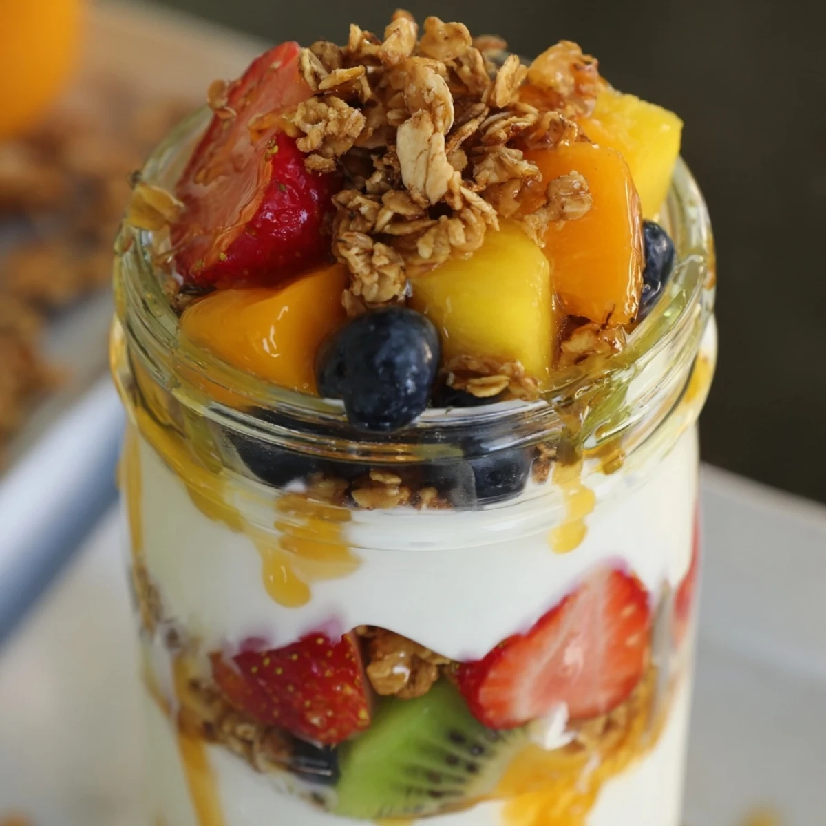 Glass jar displaying yogurt parfait recipe with honey and colorful mixed fruits topped with crunchy granola