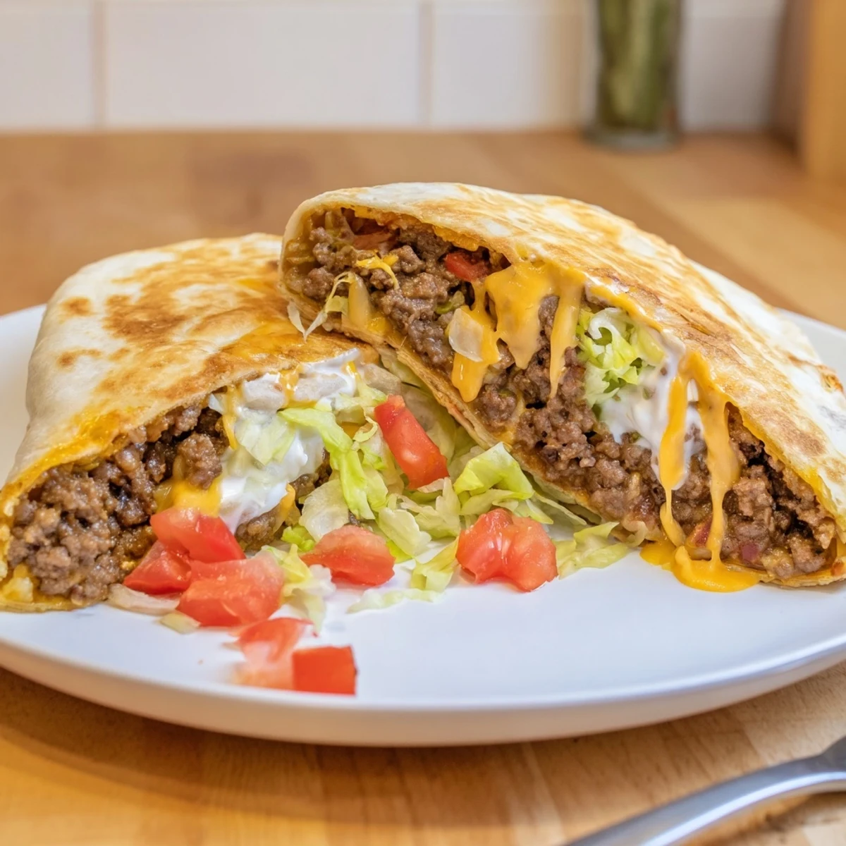 Ultimate Cheesy Beef Crunch Wraps sliced, gooey cheese oozing, skillet-toasted golden edges.