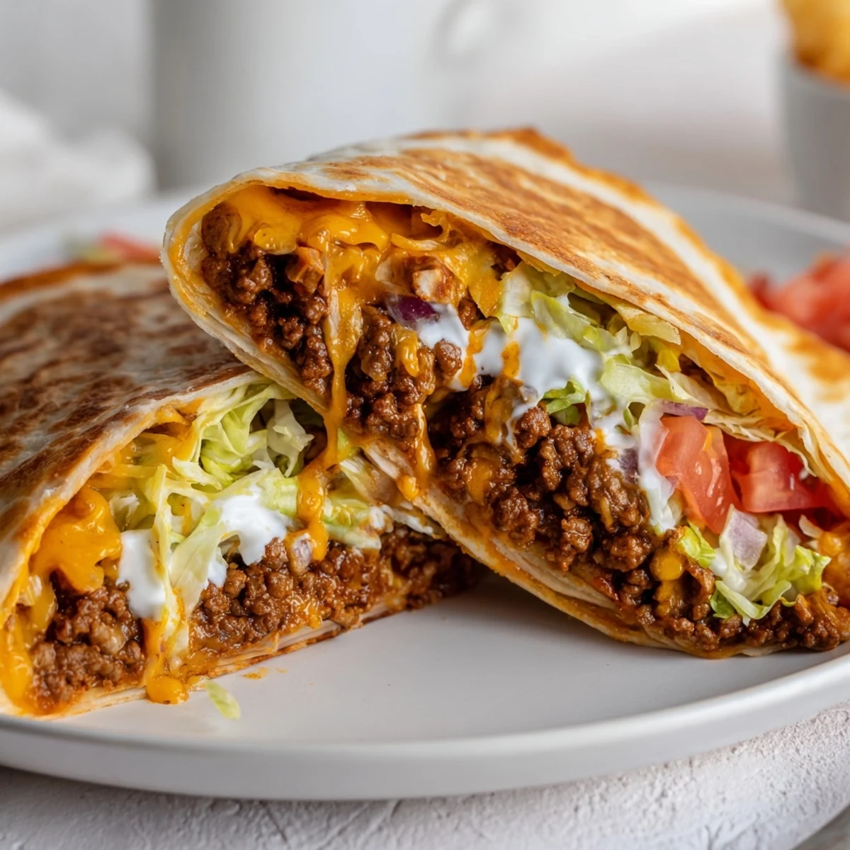Handheld Ultimate Cheesy Beef Crunch Wraps with crunchy tostada layer and fresh tomatoes.