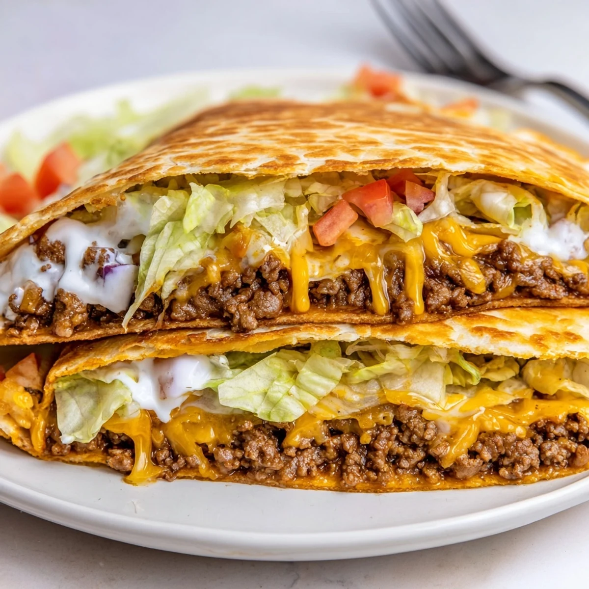 Crisp, warm Ultimate Cheesy Beef Crunch Wraps served with cool sour cream dollop.