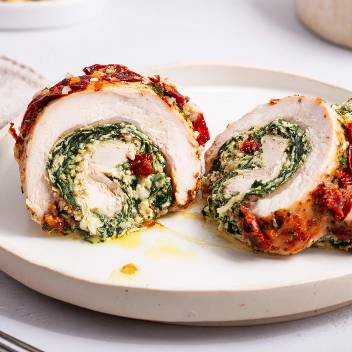 Golden seared Cheesy Spinach Stuffed Chicken Sun Dried Tomato Flavor, creamy filling visible.