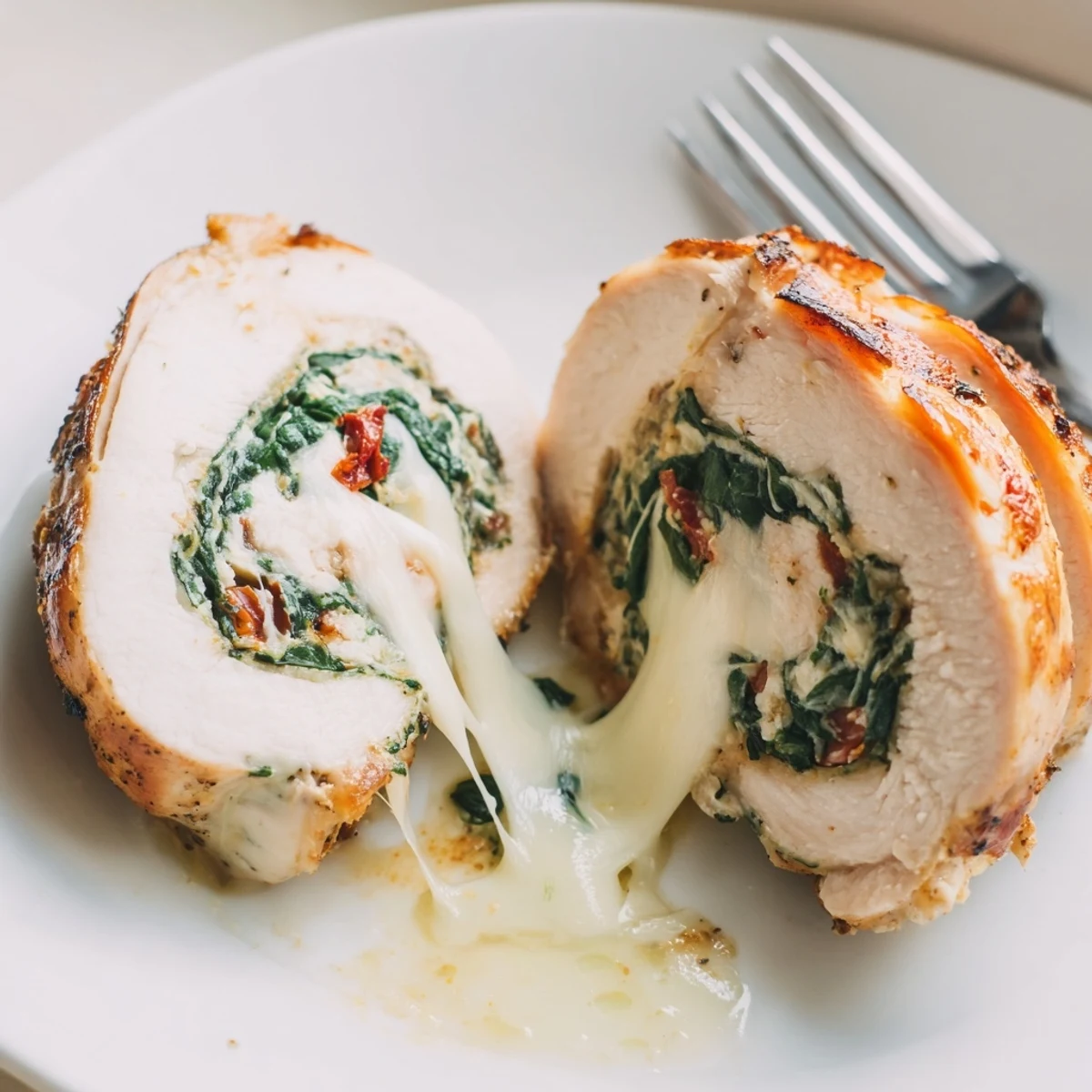 Plated Cheesy Spinach Stuffed Chicken Sun Dried Tomato Flavor beside roasted vegetables, herb garnish.