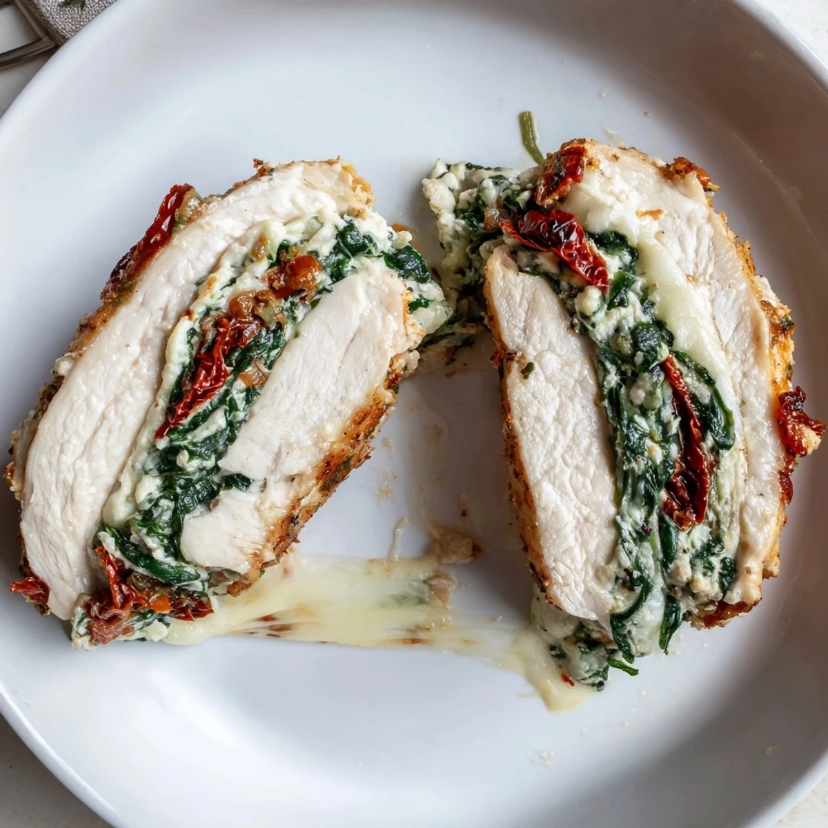 Fork tender, juicy Cheesy Spinach Stuffed Chicken Sun Dried Tomato Flavor with melting mozzarella.