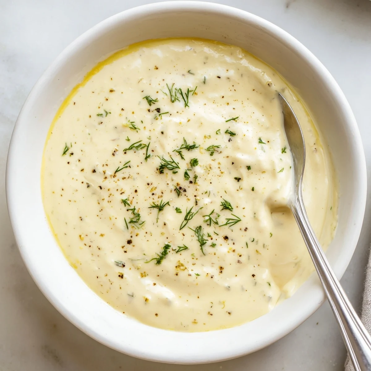 Bowl of Creamy Tangy Sauce with fresh dill, zesty aroma, chilled.