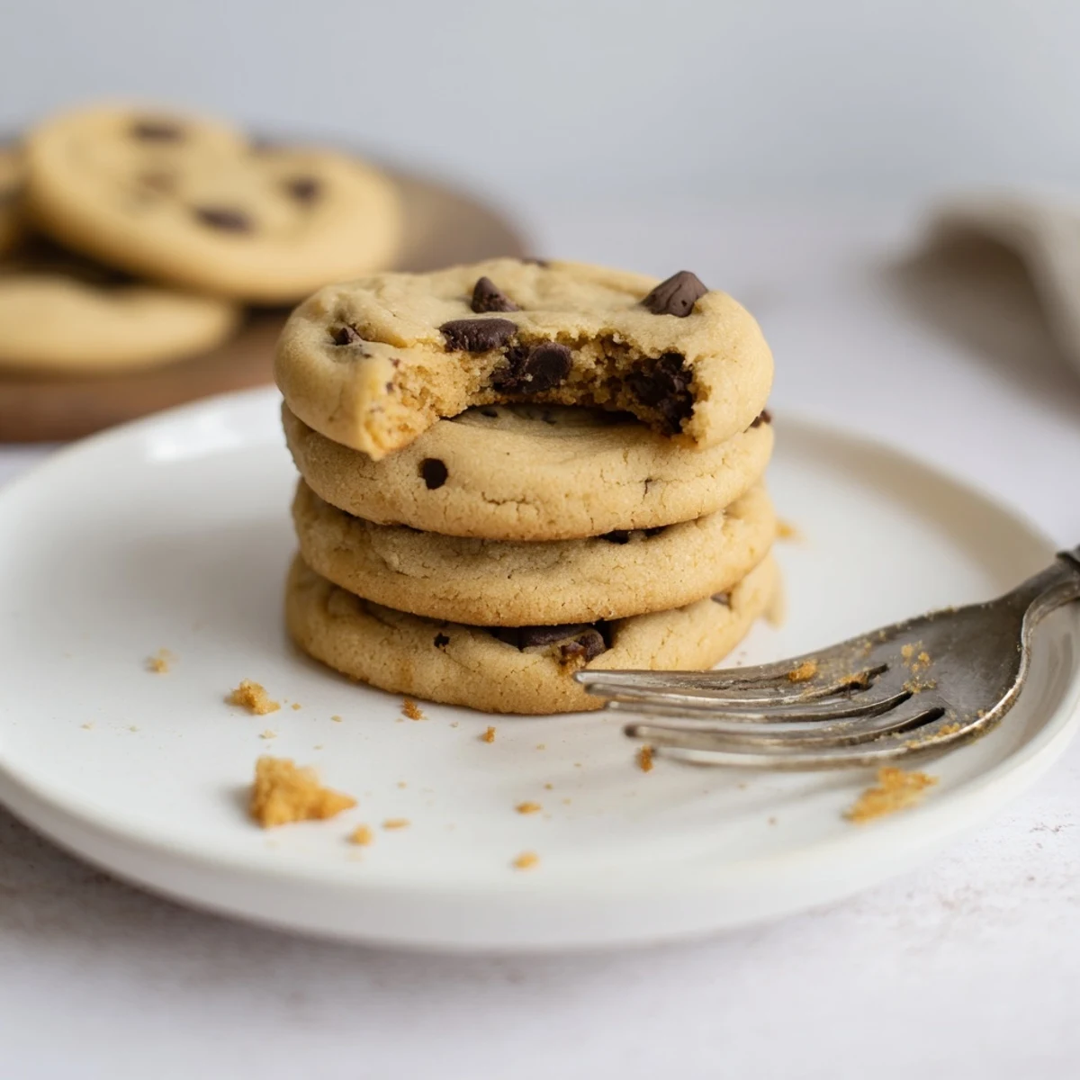 Stack of chewy Chocolate Chip Cookies next to a glass of milk