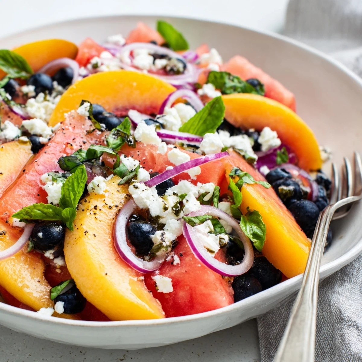 Peach Watermelon Salad With Feta glistening with lime dressing and fresh mint