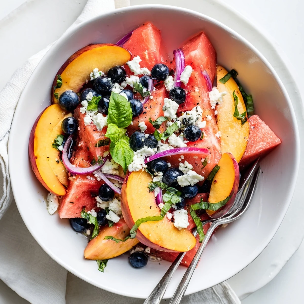 Chilled Peach Watermelon Salad With Feta served alongside grilled chicken for summer