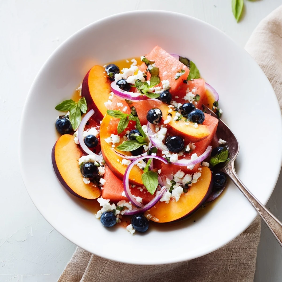 Bright Peach Watermelon Salad With Feta bites of juicy fruit, tangy cheese