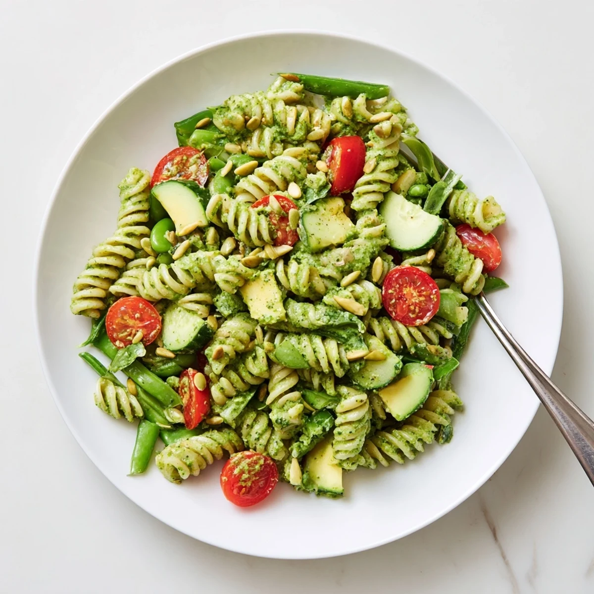 Green Goddess Pasta Salad with creamy herb dressing, crisp cucumber, cherry tomatoes.