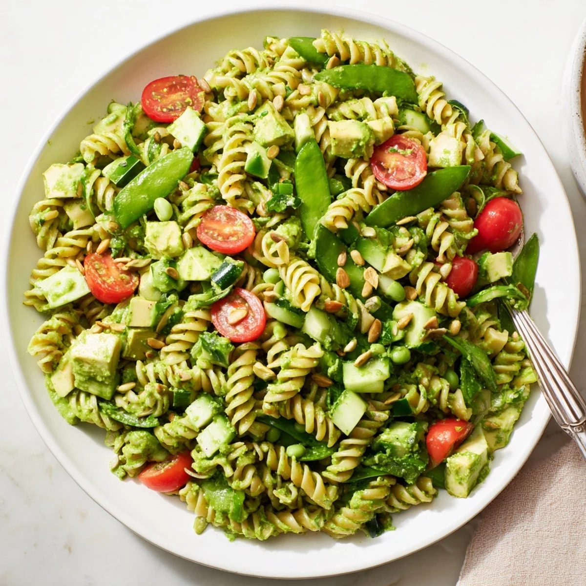 Bright Green Goddess Pasta Salad tossed with spinach, avocado, and toasted seeds.