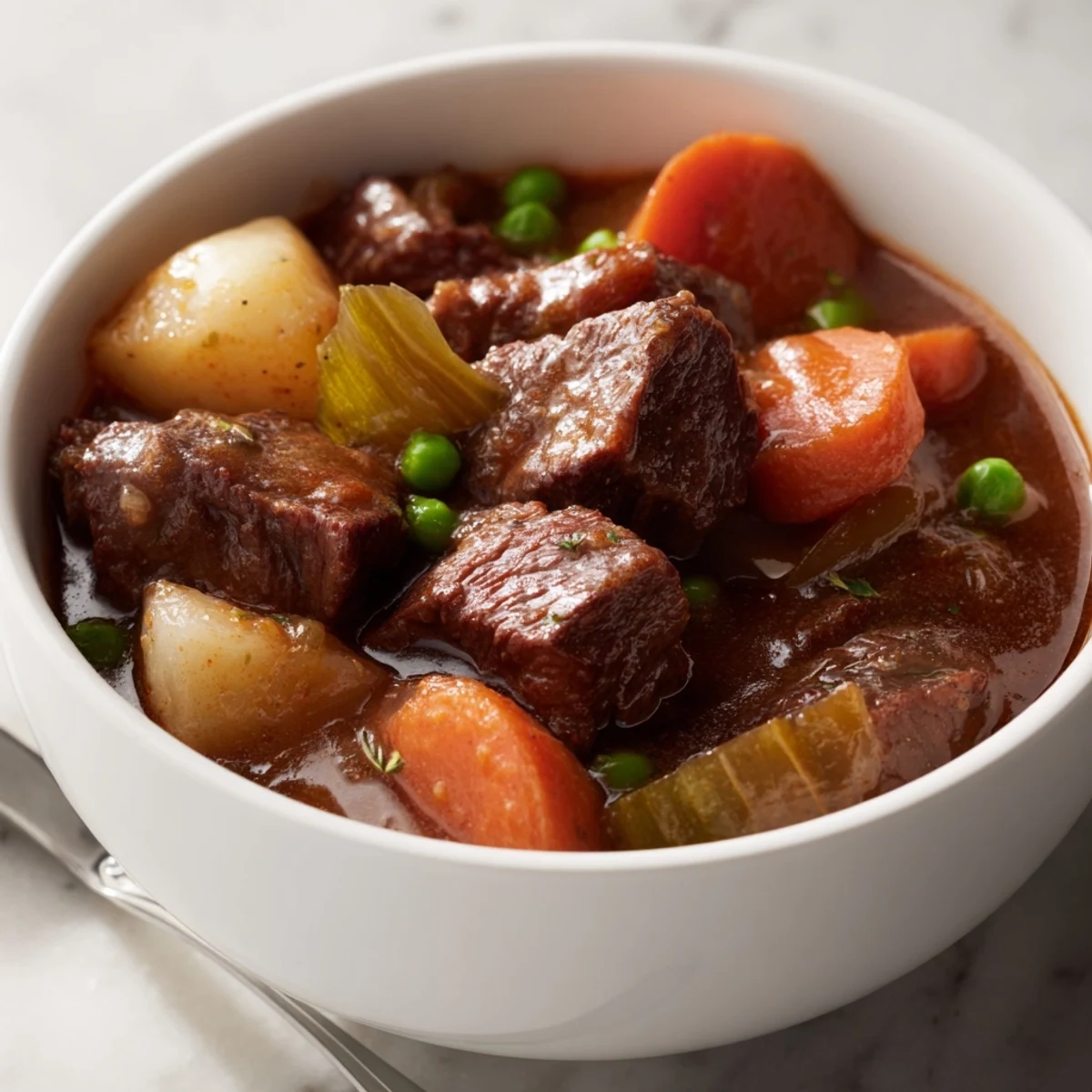 Beef Stew bubbling in a Dutch oven with tender beef and carrots