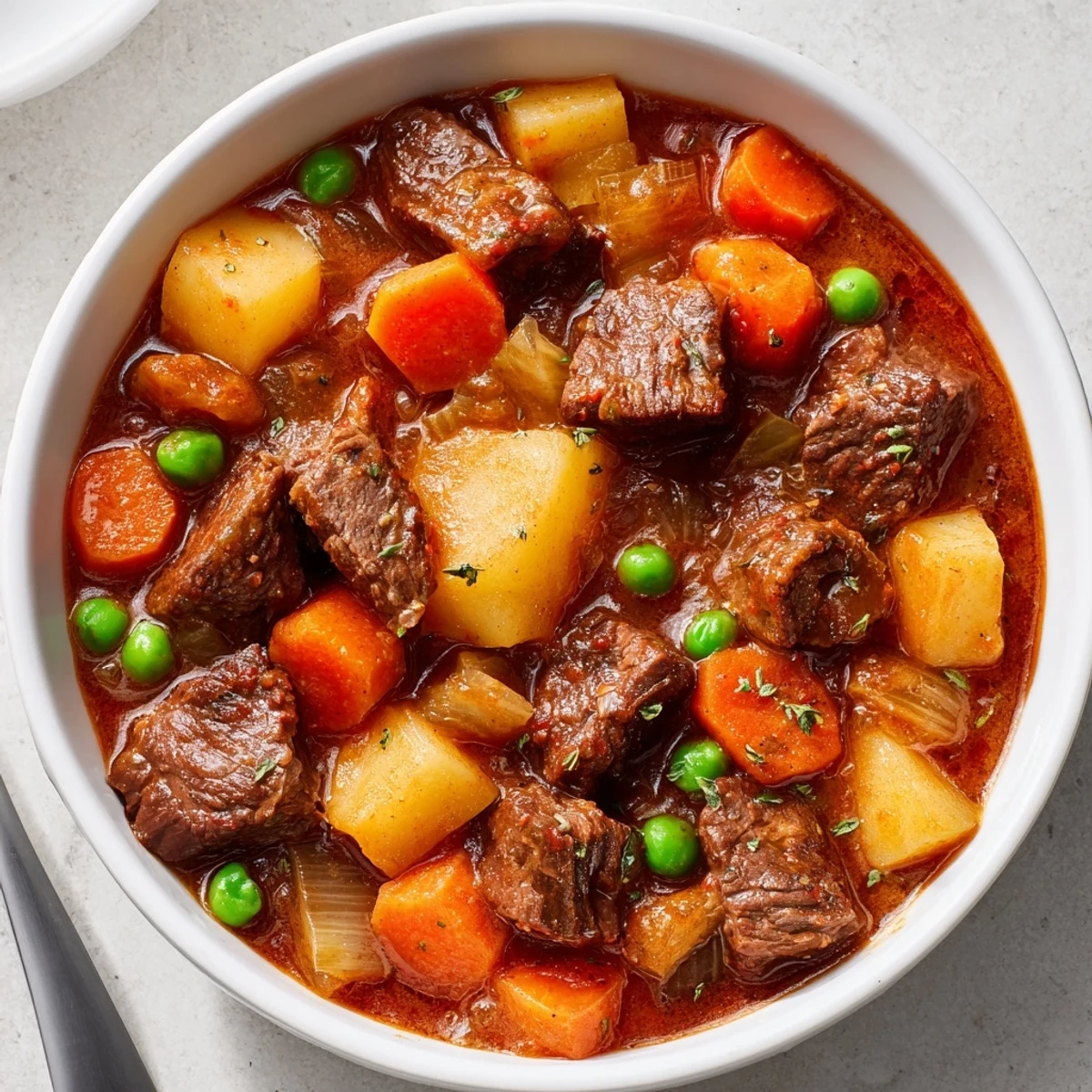 Hearty Beef Stew ladled over buttered noodles, aromatic thyme and bay