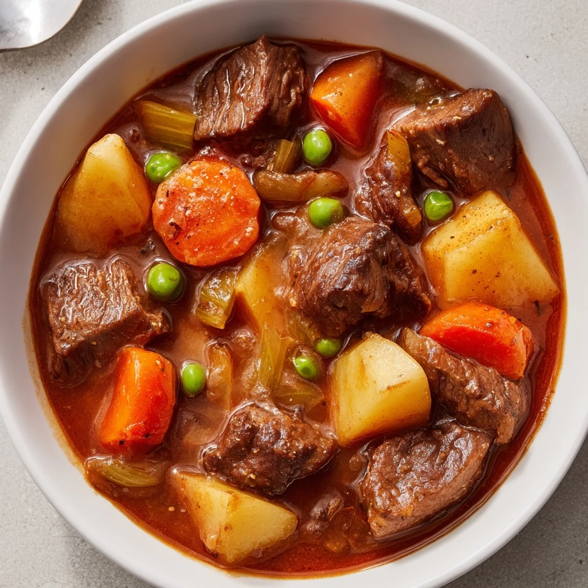 Slow-simmered Beef Stew with chunky potatoes, rich broth and crusty bread