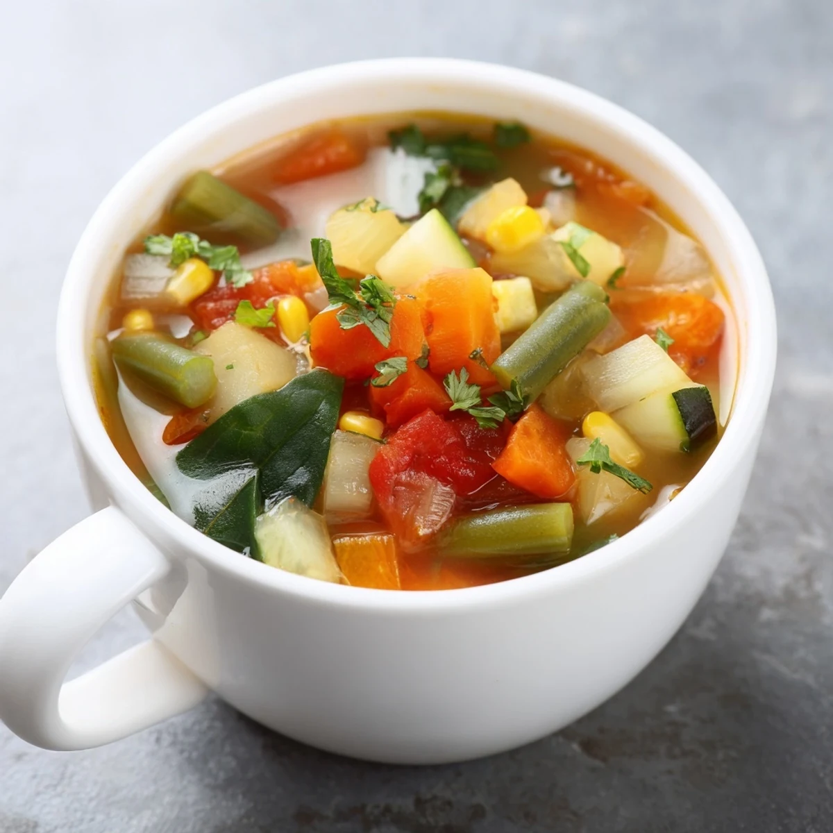 Vegetable Soup steaming in a bowl, colorful vegetables, herb-scented broth  