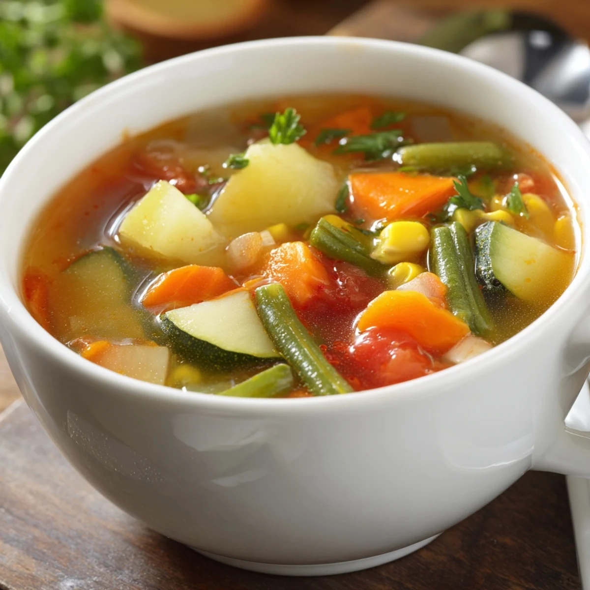 Hearty Vegetable Soup ladled over crusty bread, warm, savory, comforting