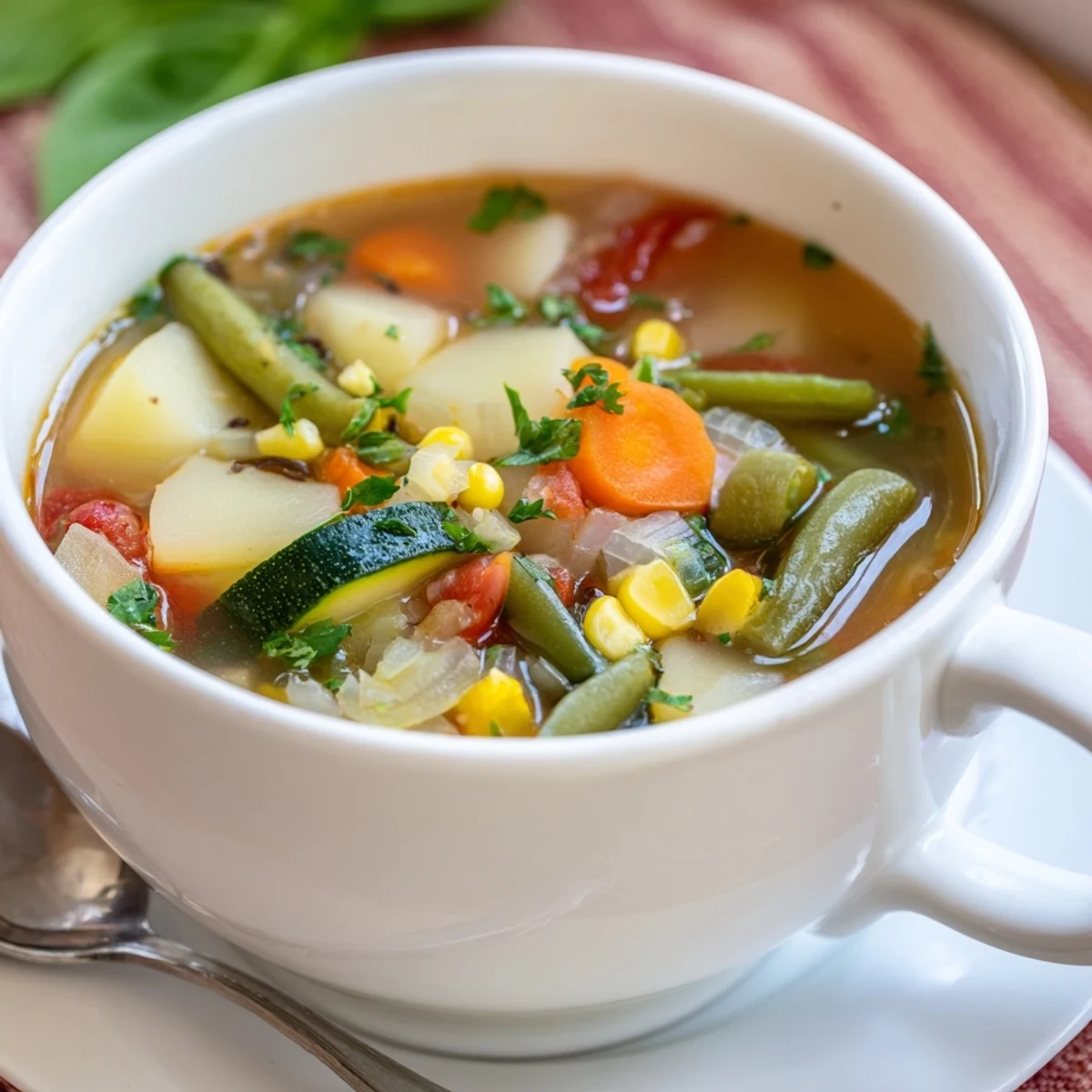 Bowl of Vegetable Soup with tender potatoes, corn, and fresh parsley  