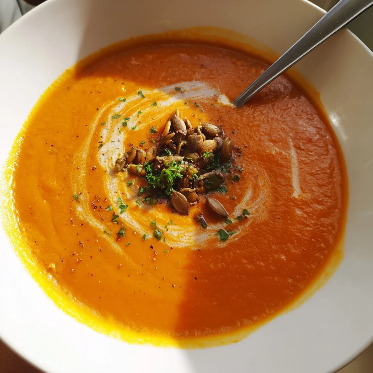 Creamy Carrot Soup finished with coconut cream swirl, fragrant cumin, chive sprinkle  
