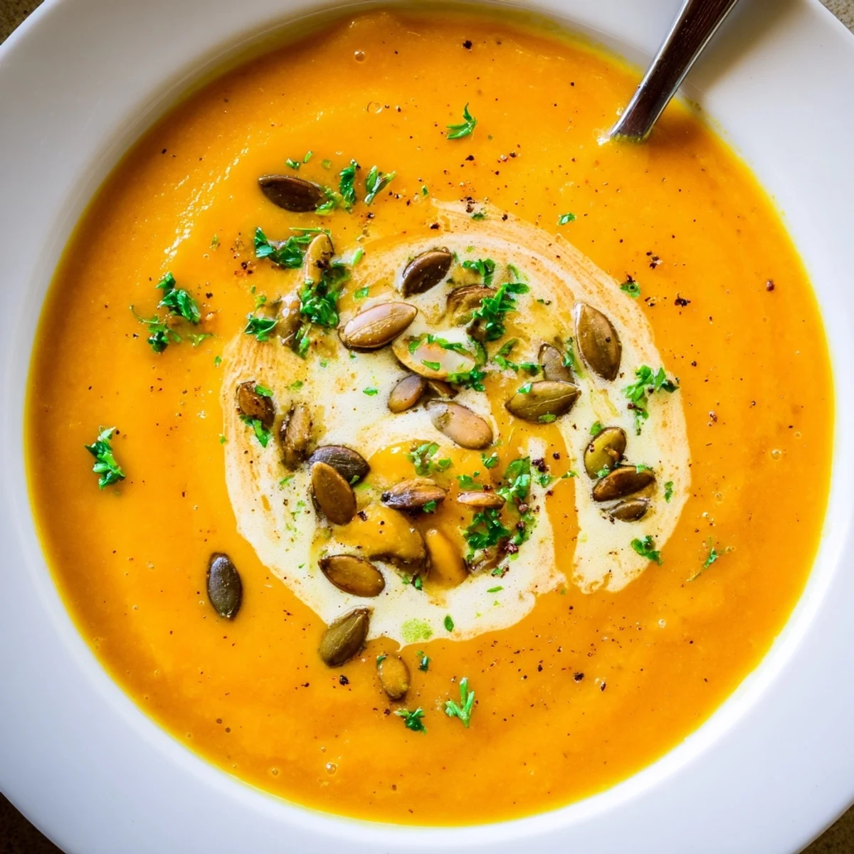 Carrot Soup served hot with crusty bread, nutty seeds, and parsley garnish