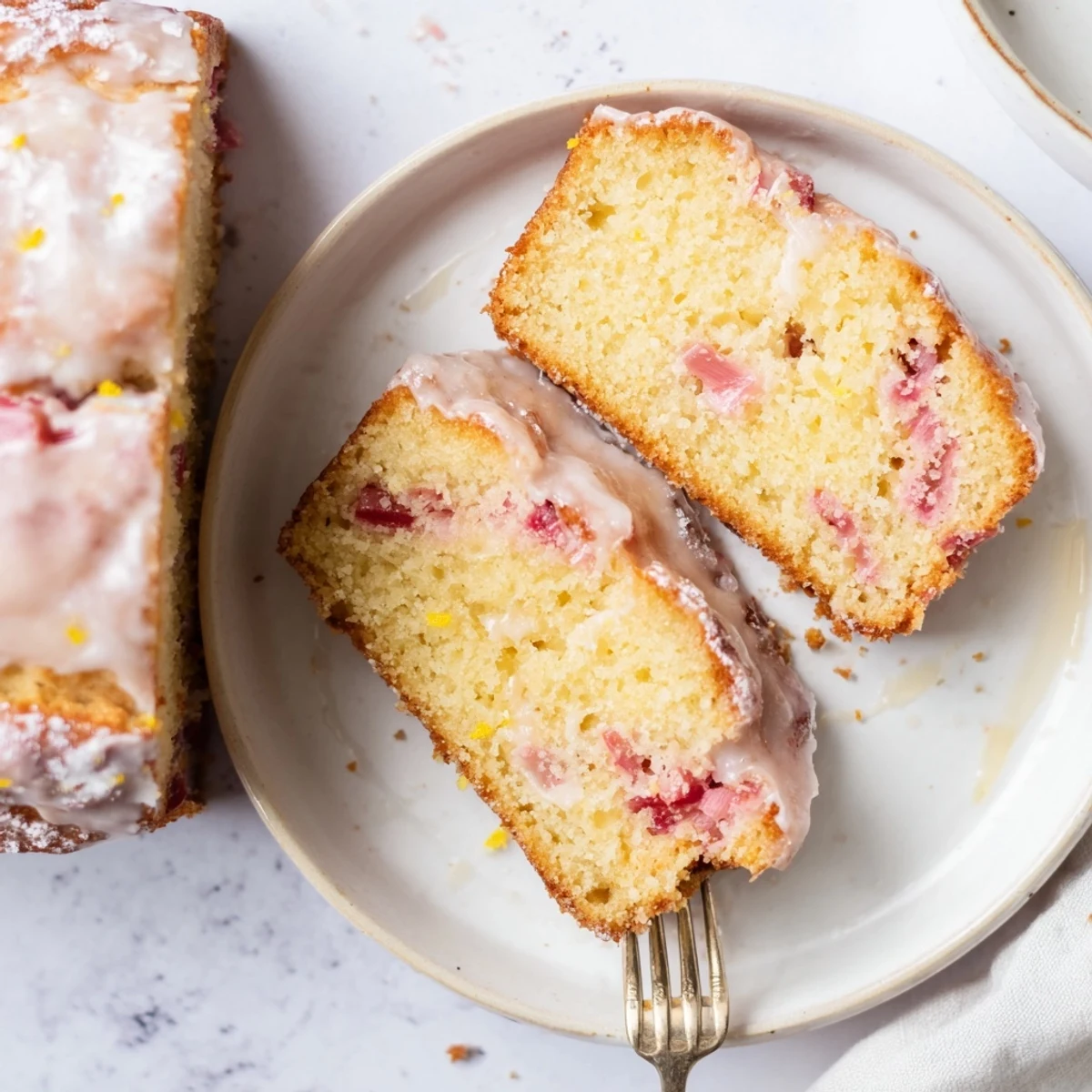 Moist zesty rhubarb lemon drizzle cake topped with tangy lemon sugar glaze
