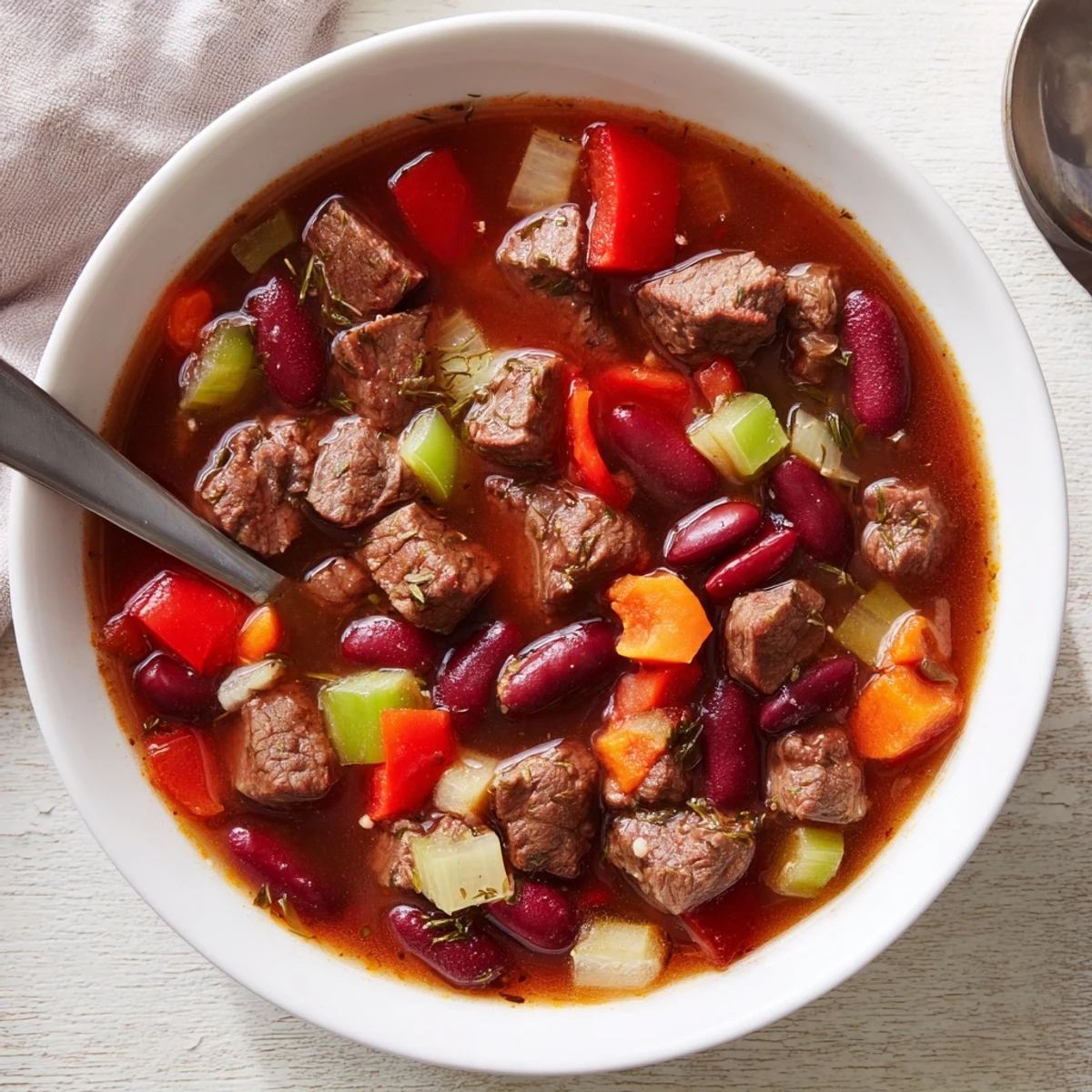 Steaming bowl of savory beef and bean soup delight with tender beef cubes and colorful vegetables