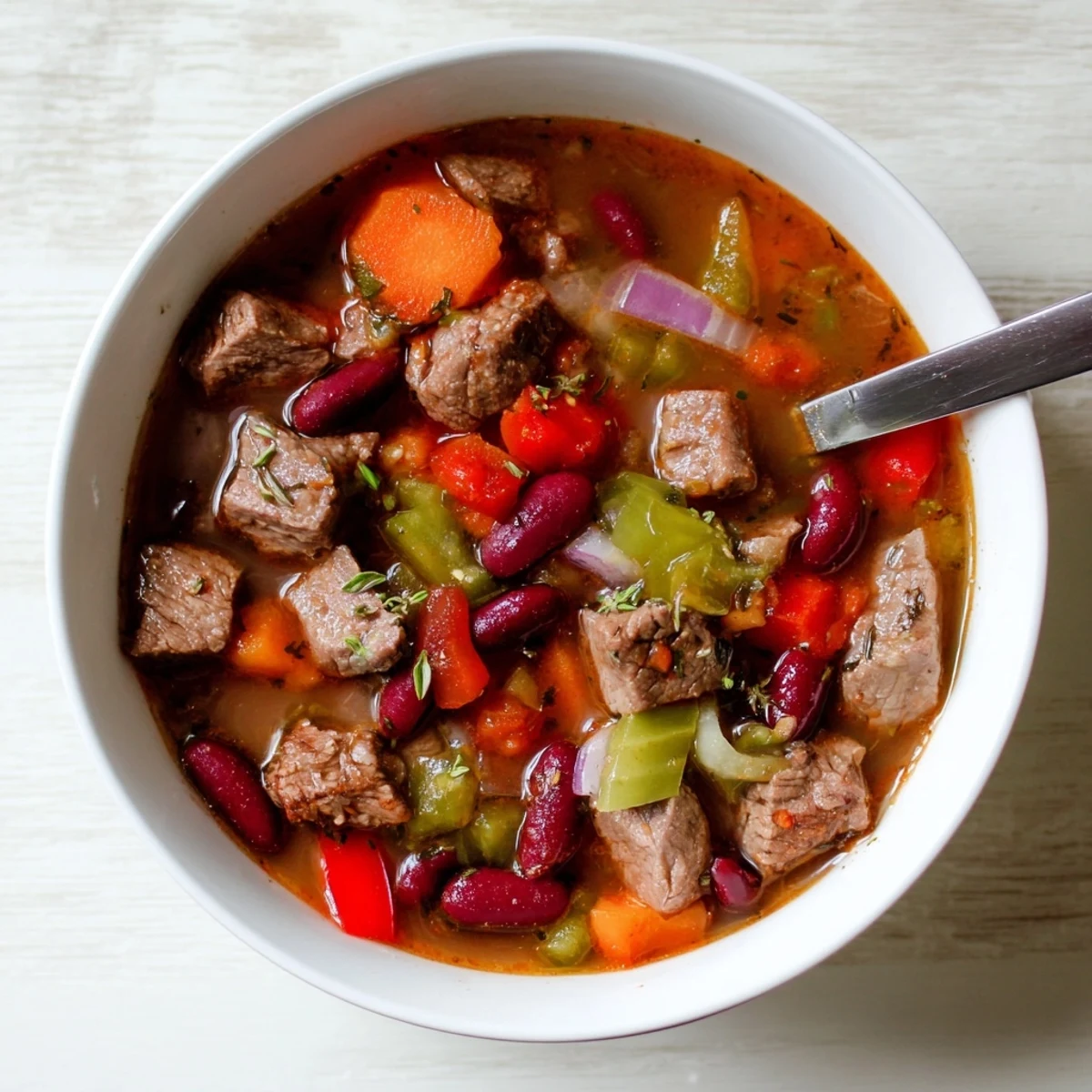Savory beef and bean soup delight featuring perfectly browned beef and red bell pepper in a deep soup pot