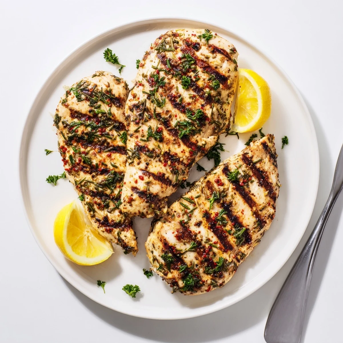 Juicy herb rubbed grilled chicken breasts with charred grill marks and fresh lemon garnish on a white serving platter