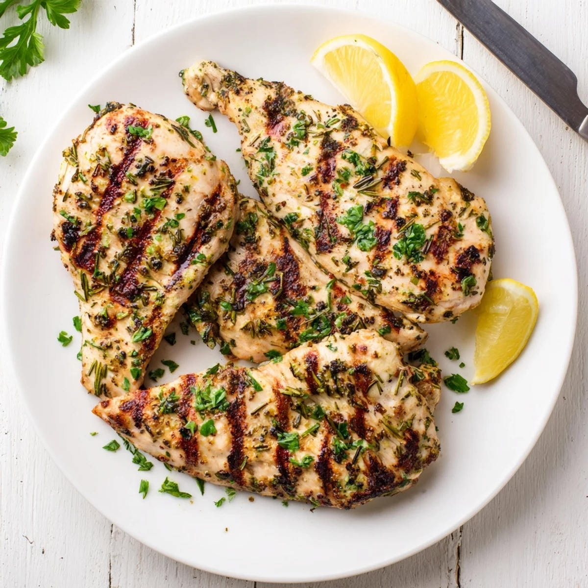 Golden grilled chicken seasoned with rosemary and thyme, resting beside bright lemon wedges on a rustic wooden board