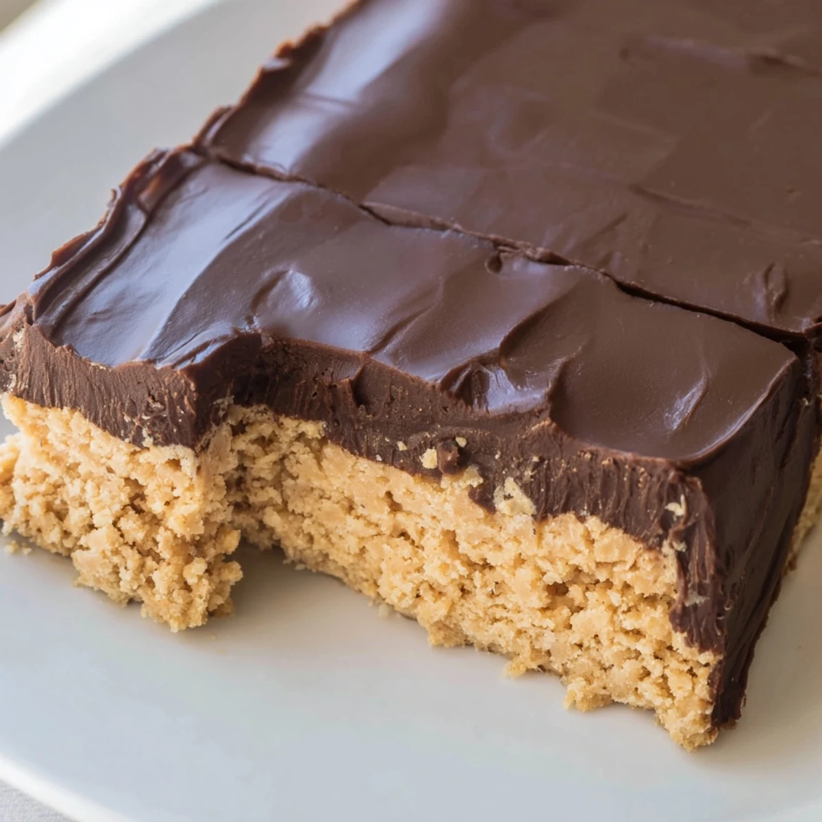 Golden peanut butter bars with glossy chocolate topping displayed on a white serving plate