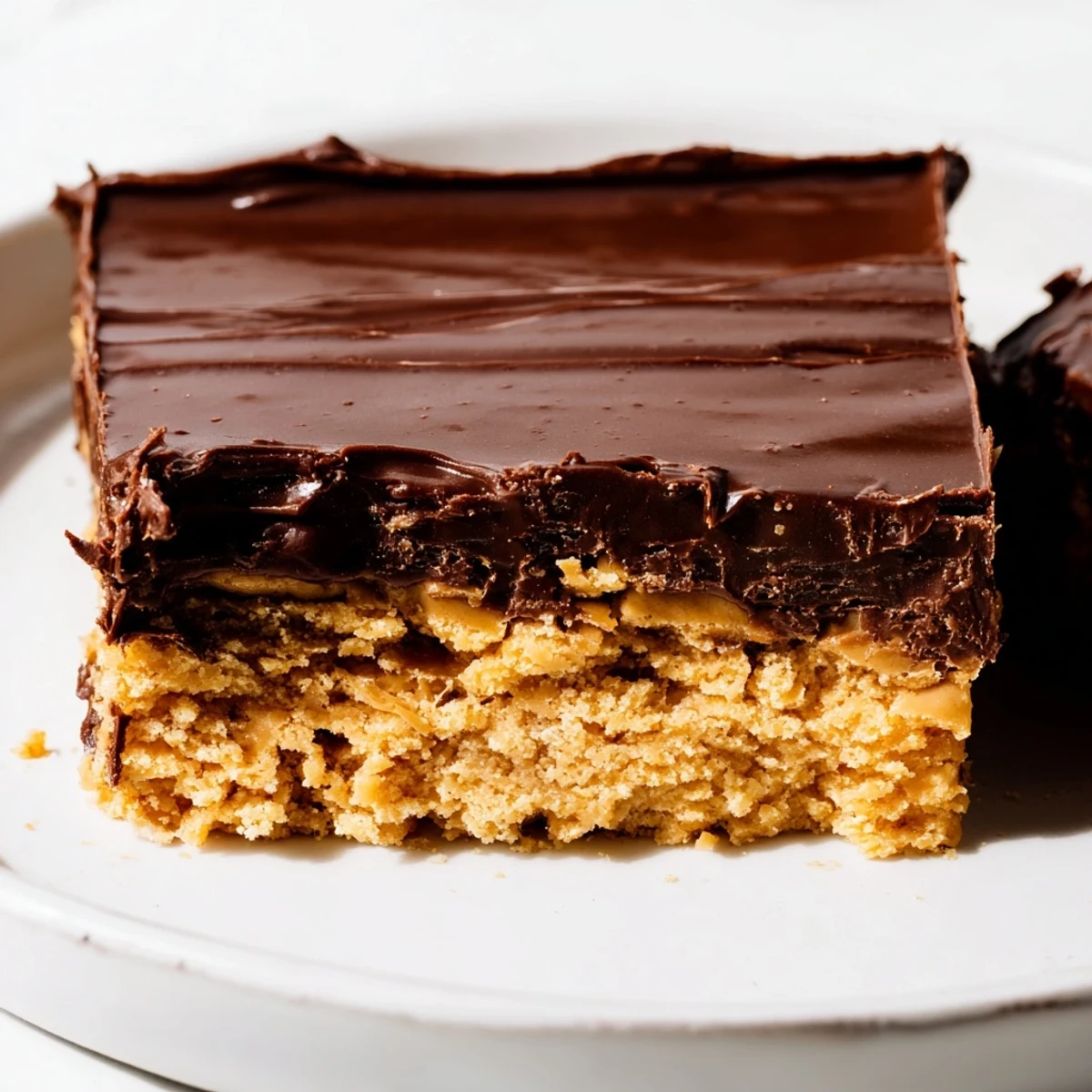 Homemade peanut butter bars with smooth chocolate ganache topping arranged on rustic wooden cutting board