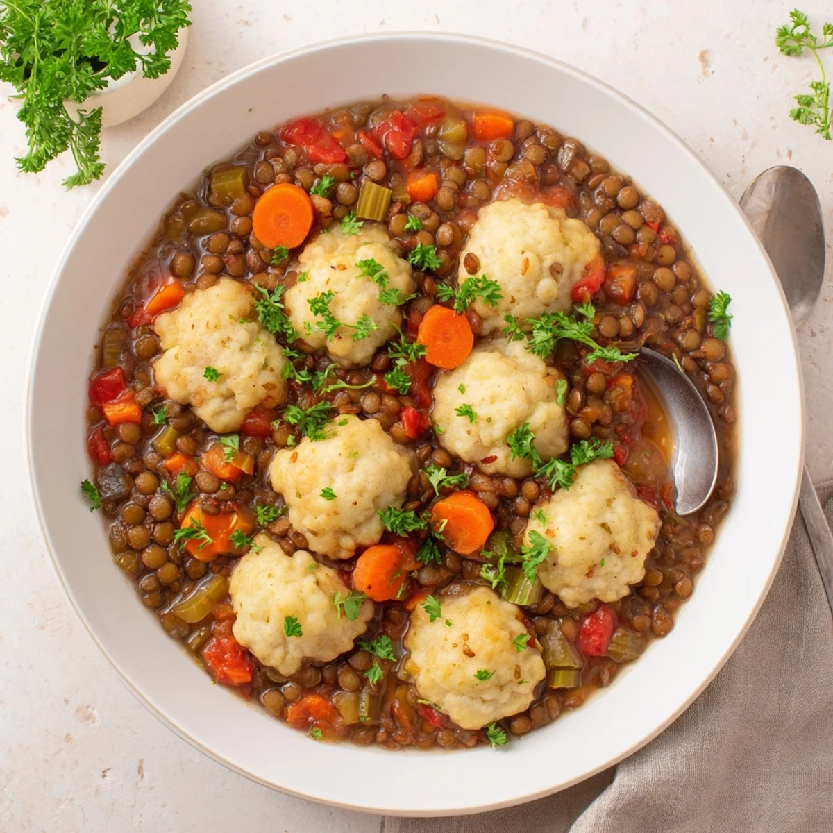 Golden fluffy dumplings steaming on top of a rich brown lentil vegetable stew