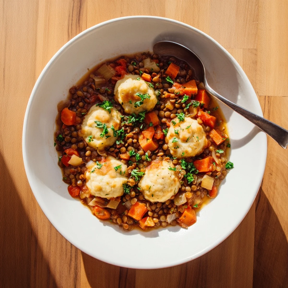 Hearty lentil stew with tender vegetables topped with light and airy homemade dumplings