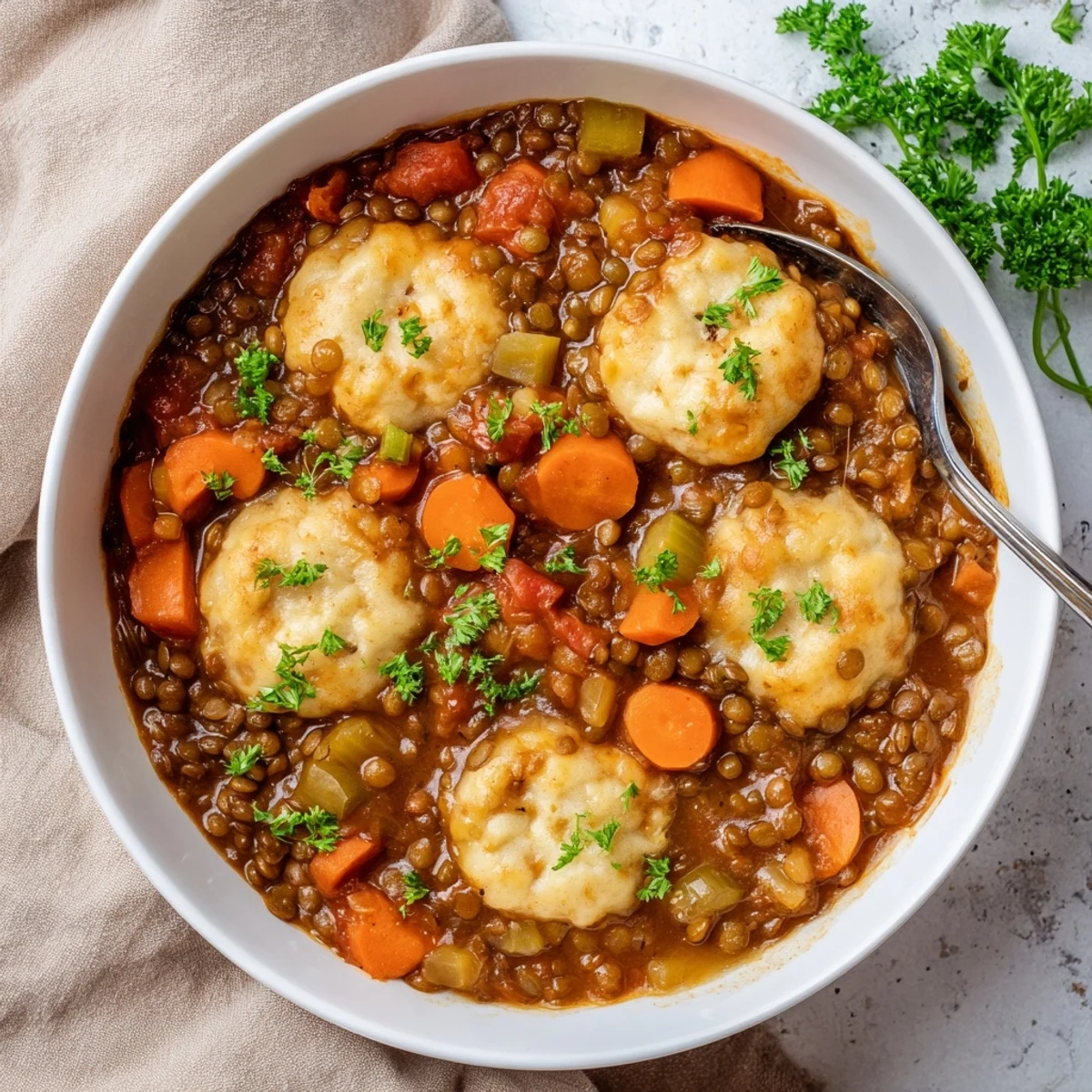 Savory lentils with dumplings served in a bowl with fresh parsley sprinkled on top
