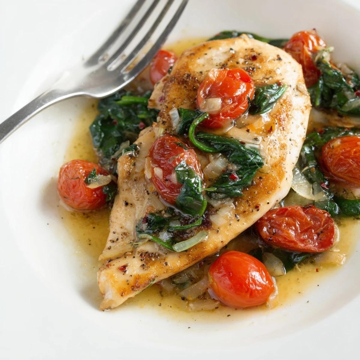 Golden chicken breasts simmered in white wine sauce with fresh spinach and cherry tomatoes